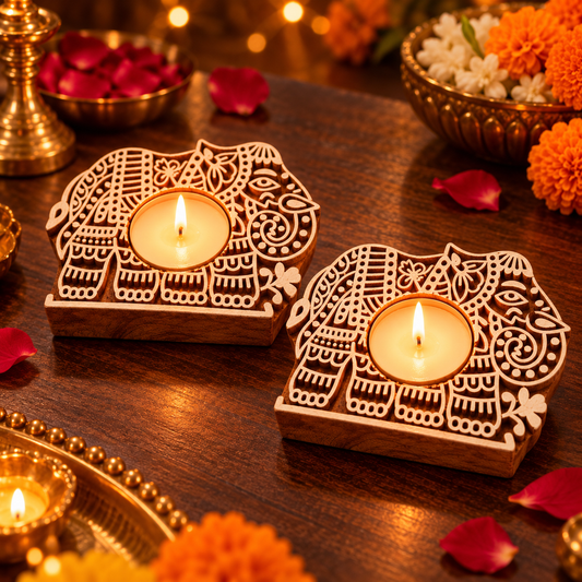 Handcrafted Wooden Elephant Tealight Diya Holders – Set of 2