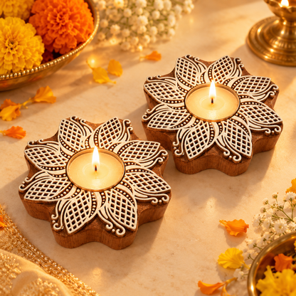 Floral Mandala Wooden Tealight Diya Holders – Set of 2