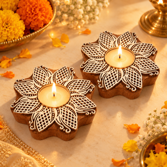 Floral Mandala Wooden Tealight Diya Holders – Set of 2