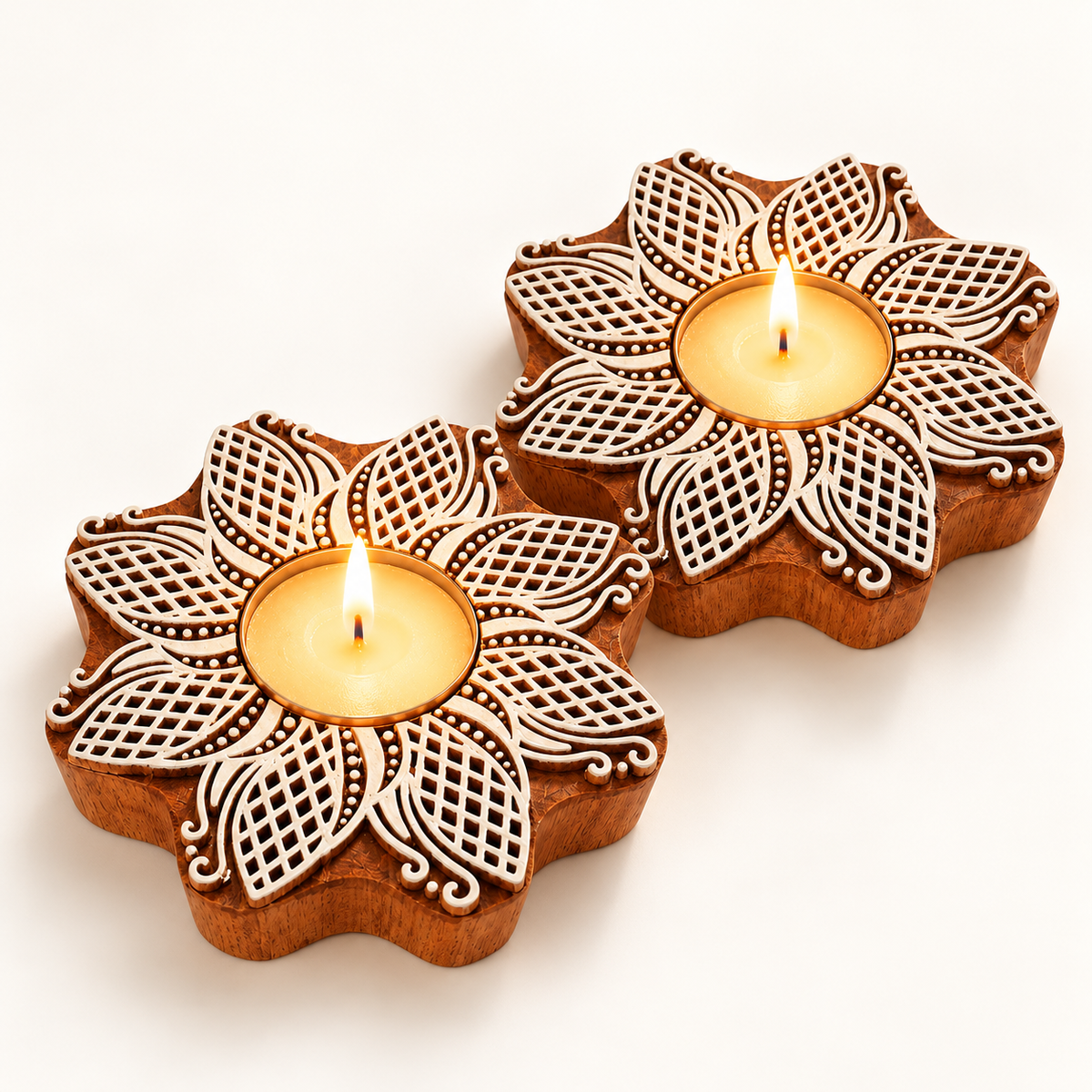 Floral Mandala Wooden Tealight Diya Holders – Set of 2