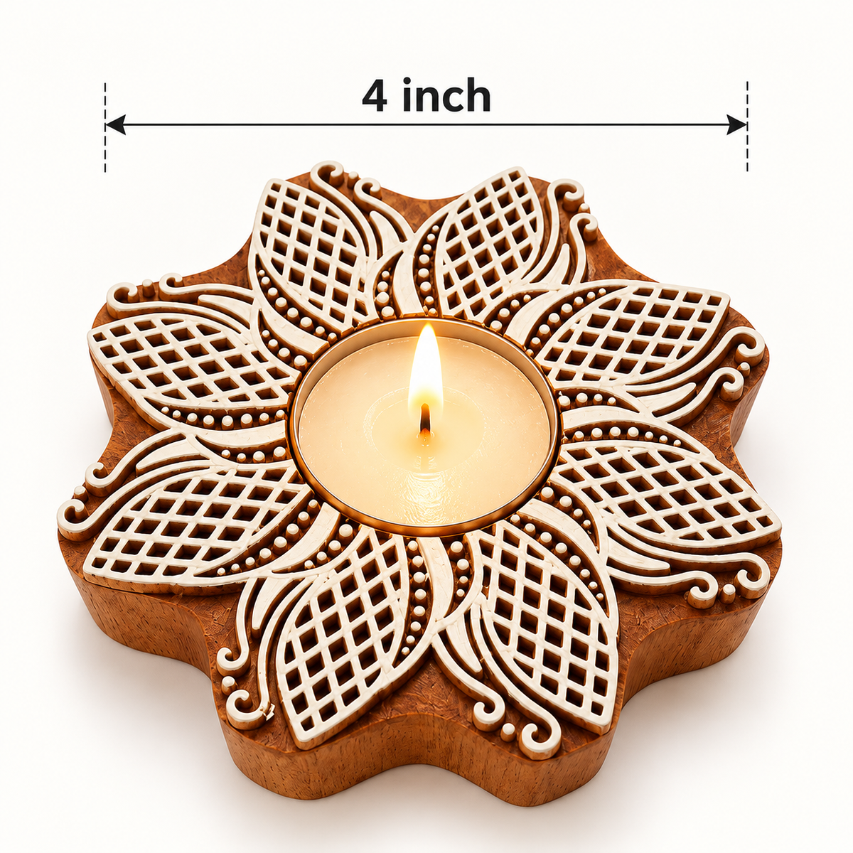 Floral Mandala Wooden Tealight Diya Holders – Set of 2