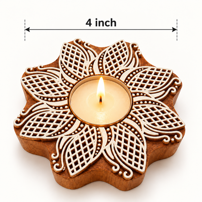 Floral Mandala Wooden Tealight Diya Holders – Set of 2