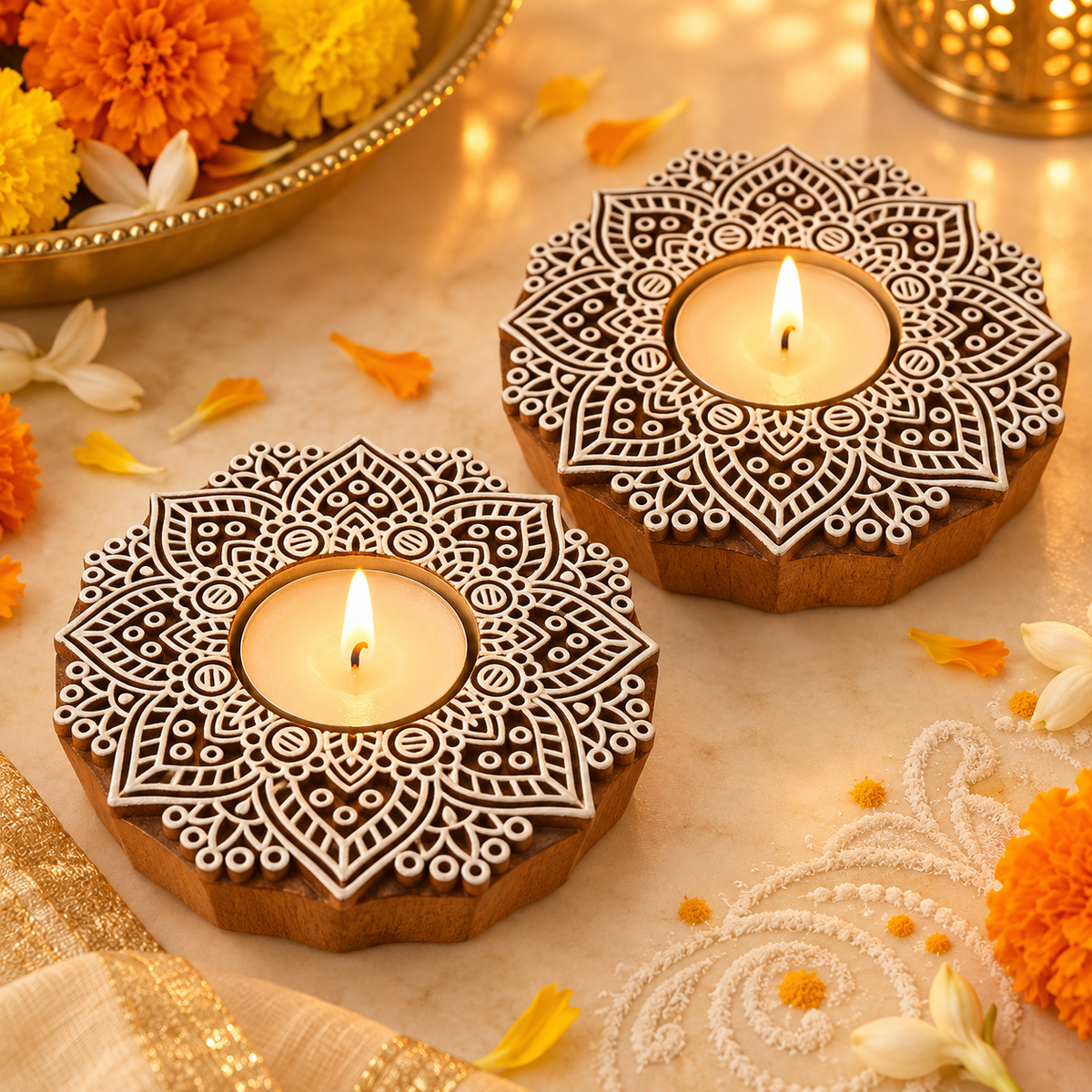 Handcrafted Wooden Mandala Tealight Diya Holders – Set of 2