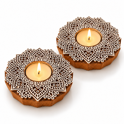 Handcrafted Wooden Mandala Tealight Diya Holders – Set of 2