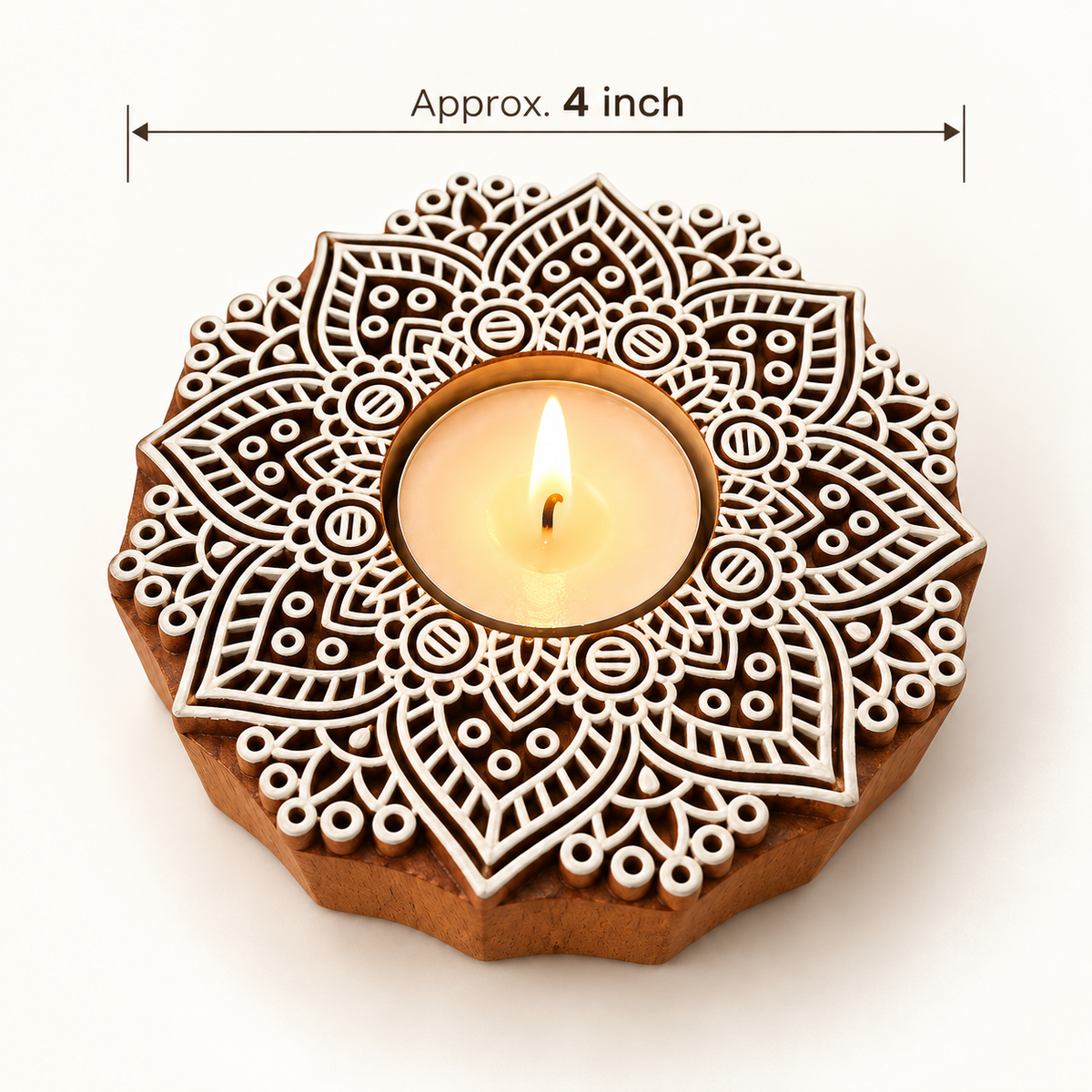 Handcrafted Wooden Mandala Tealight Diya Holders – Set of 2