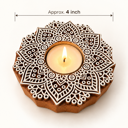 Handcrafted Wooden Mandala Tealight Diya Holders – Set of 2