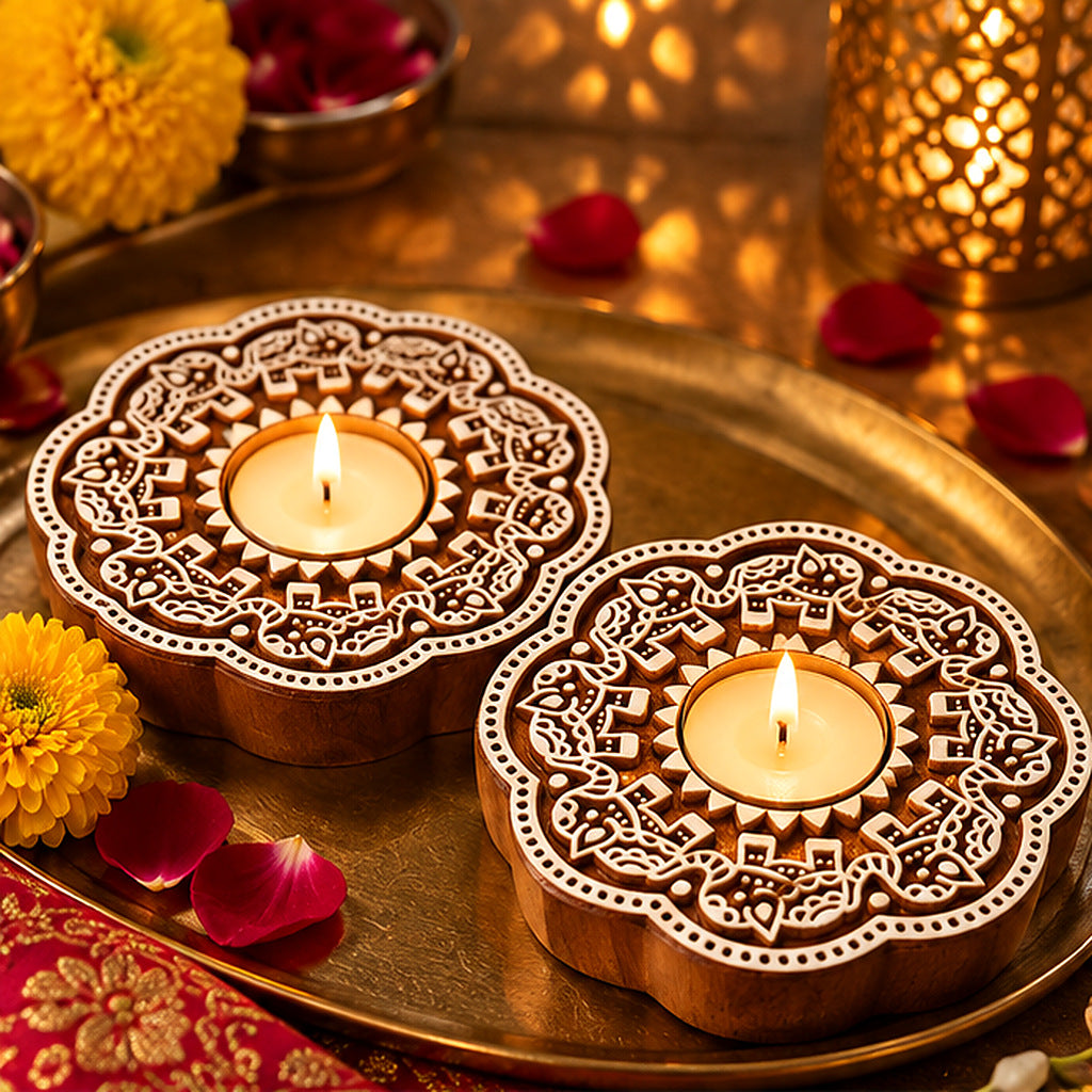 Handcrafted Wooden Floral Tealight Diya Holders – Pair