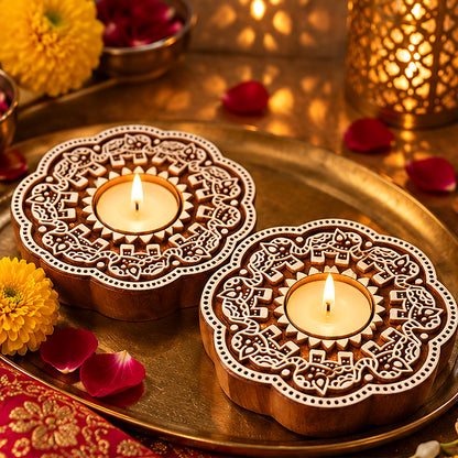 Handcrafted Wooden Floral Tealight Diya Holders – Pair