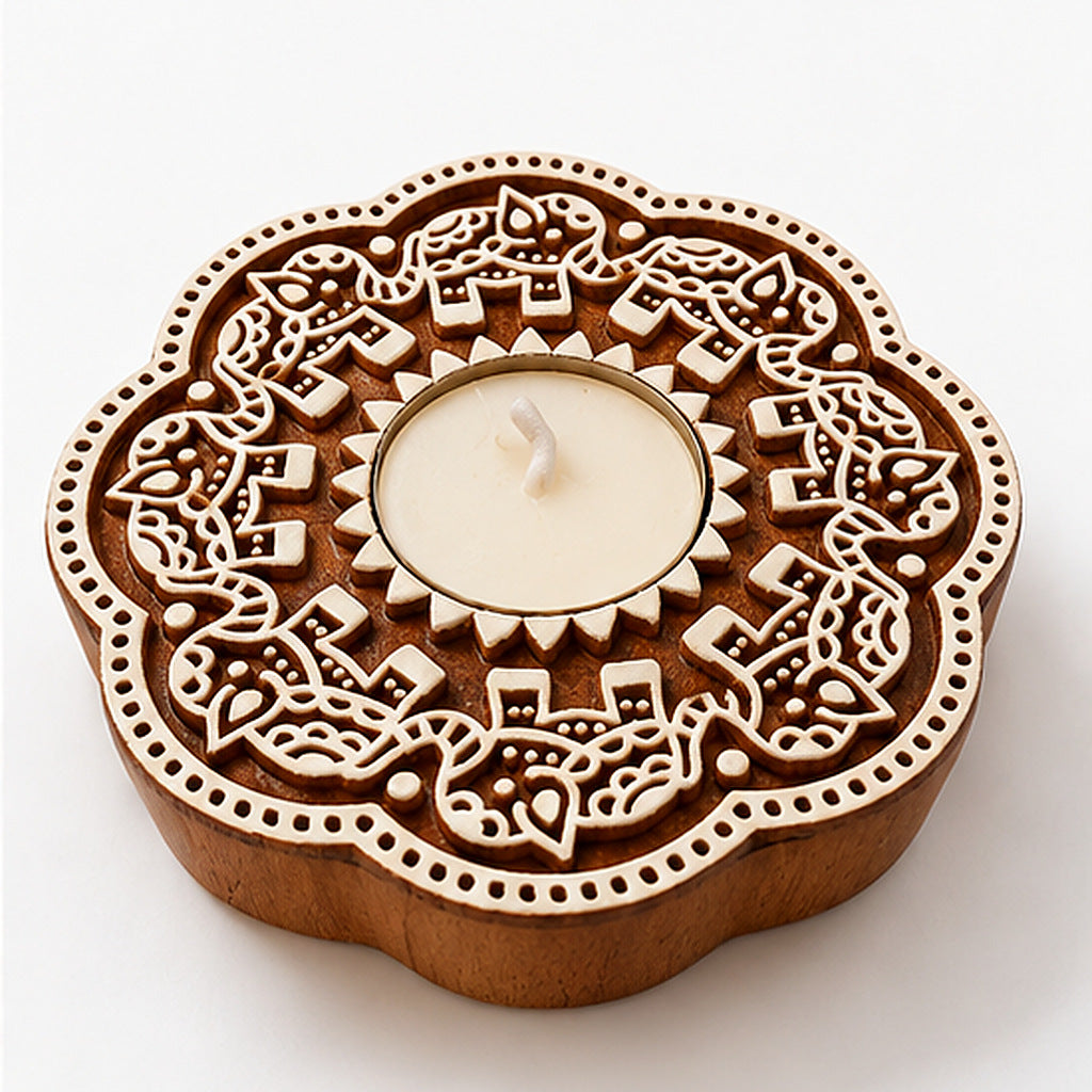 Handcrafted Wooden Floral Tealight Diya Holders – Pair