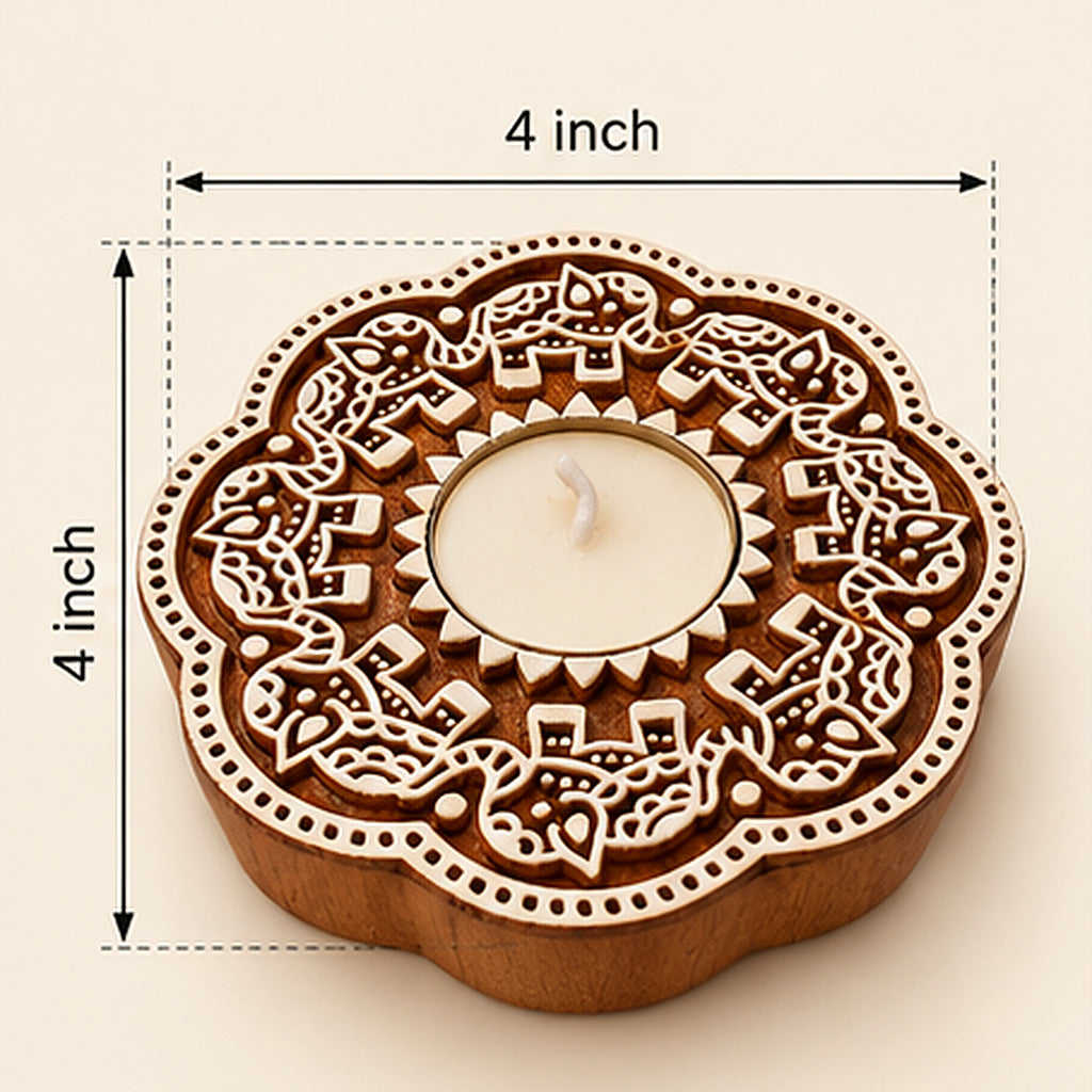 Handcrafted Wooden Floral Tealight Diya Holders – Pair