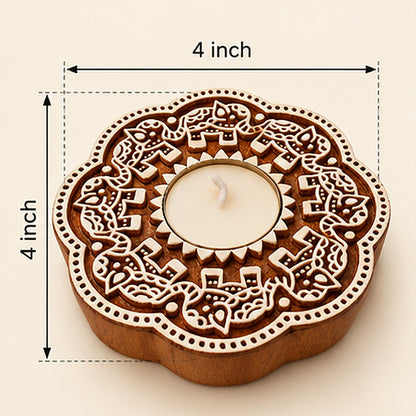 Handcrafted Wooden Floral Tealight Diya Holders – Pair