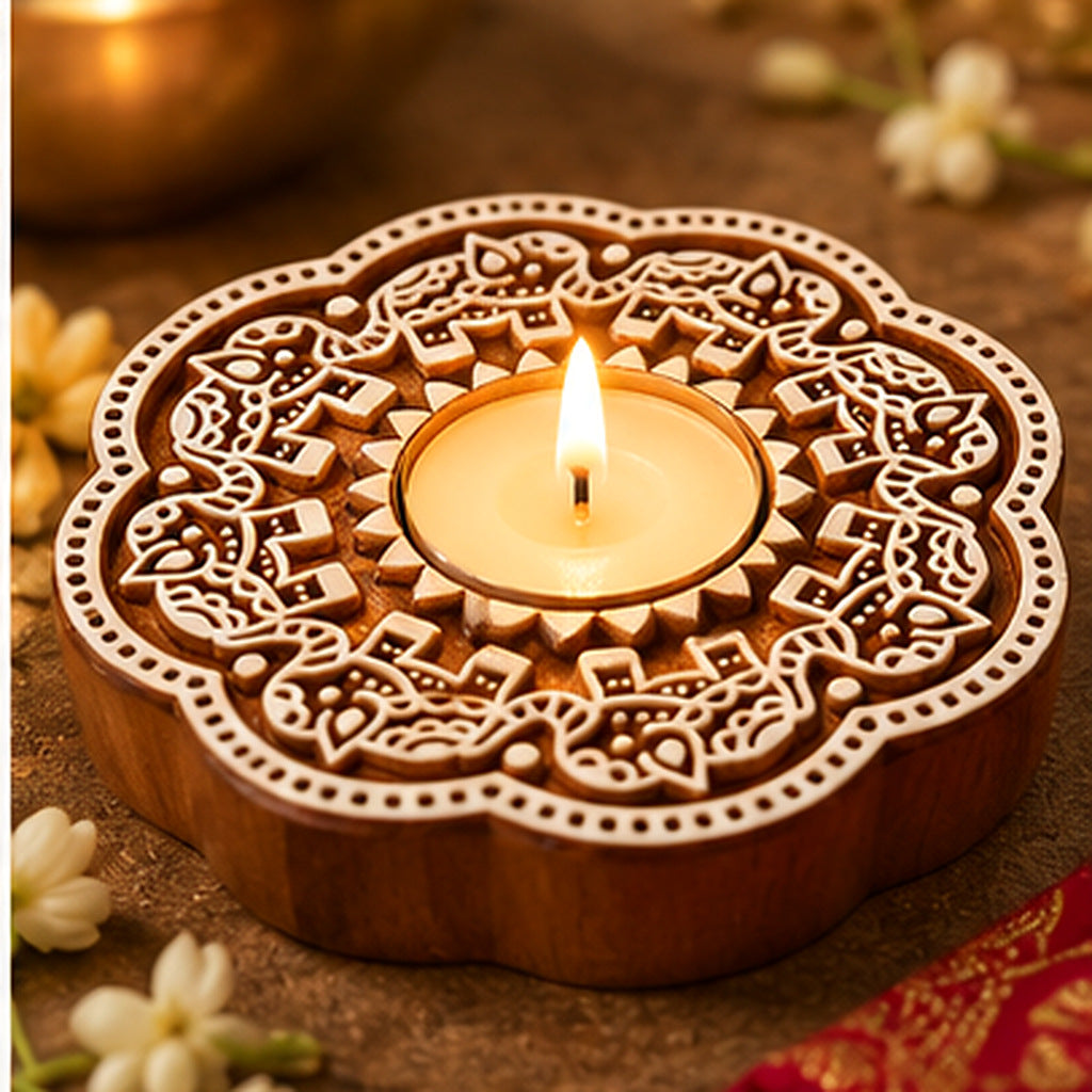 Handcrafted Wooden Floral Tealight Diya Holders – Pair
