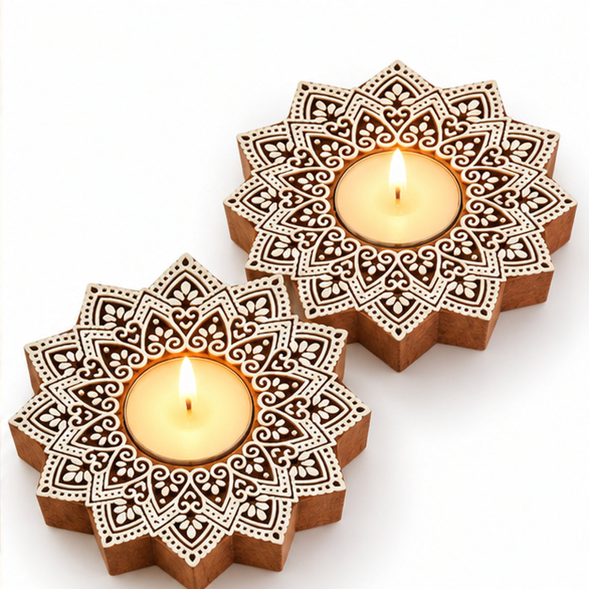 Royal Star Mandala Wooden Tealight Diya Holders – Set of 2