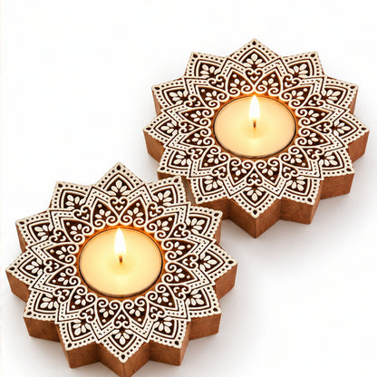 Royal Star Mandala Wooden Tealight Diya Holders – Set of 2