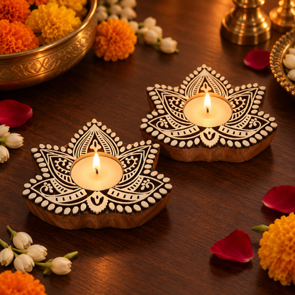 Handcrafted Wooden Lotus Tealight Diya Holders – Set of 2