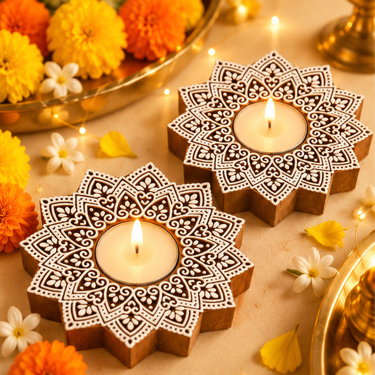 Royal Star Mandala Wooden Tealight Diya Holders – Set of 2