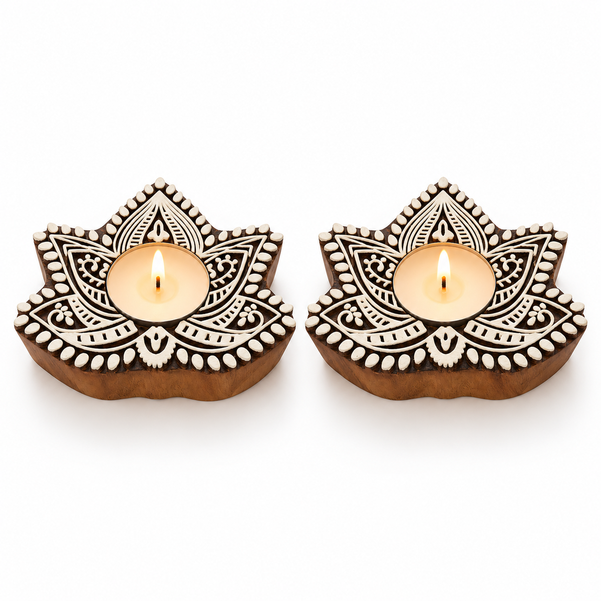 Handcrafted Wooden Lotus Tealight Diya Holders – Set of 2