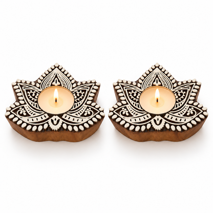Handcrafted Wooden Lotus Tealight Diya Holders – Set of 2