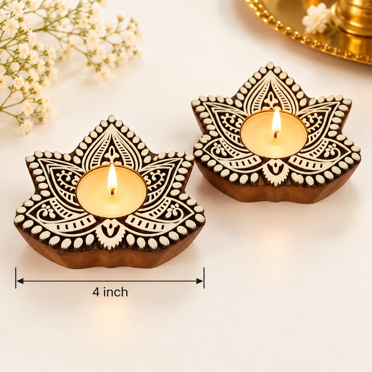 Handcrafted Wooden Lotus Tealight Diya Holders – Set of 2