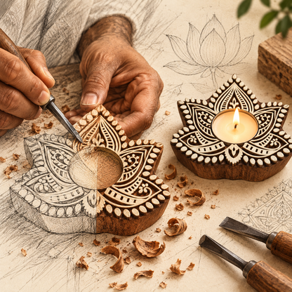 Handcrafted Wooden Lotus Tealight Diya Holders – Set of 2