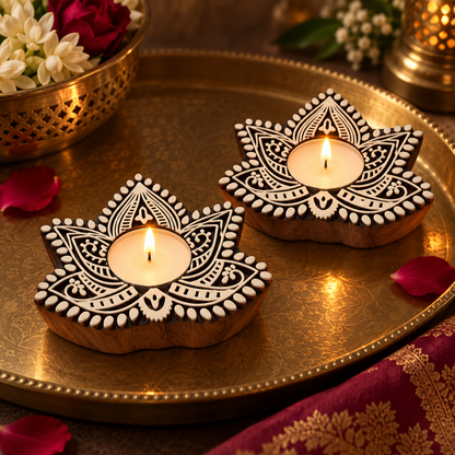 Handcrafted Wooden Lotus Tealight Diya Holders – Set of 2