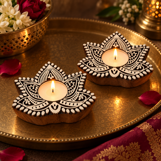 Handcrafted Wooden Lotus Tealight Diya Holders – Set of 2