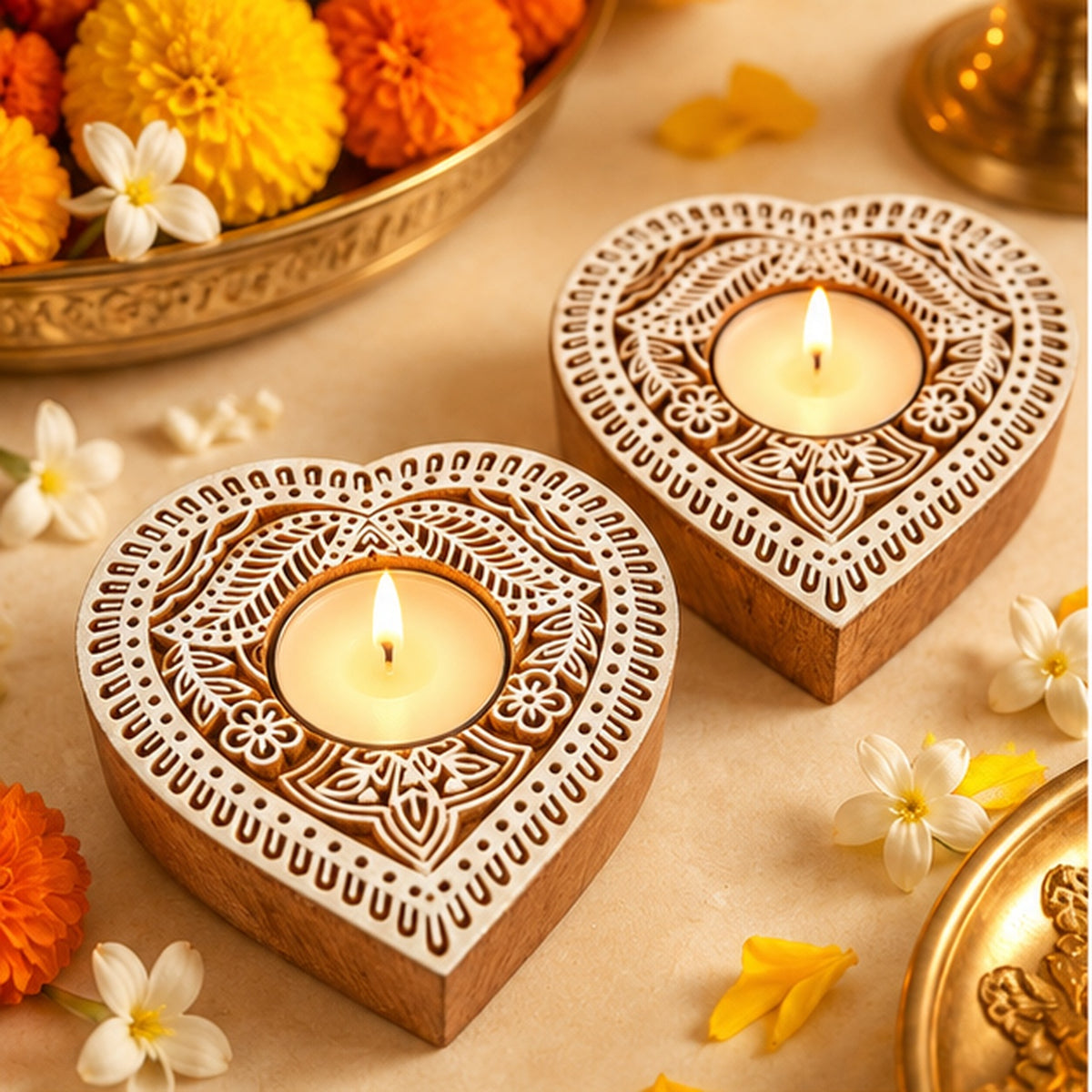 Heart Mandala Wooden Tealight Diya Holders – Set of 2