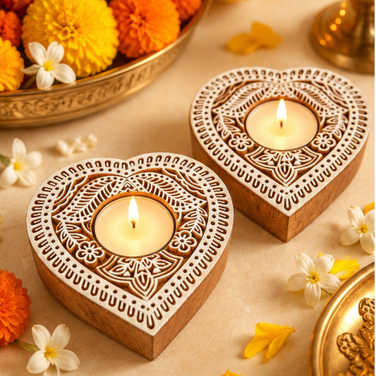 Heart Mandala Wooden Tealight Diya Holders – Set of 2