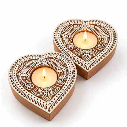 Heart Mandala Wooden Tealight Diya Holders – Set of 2