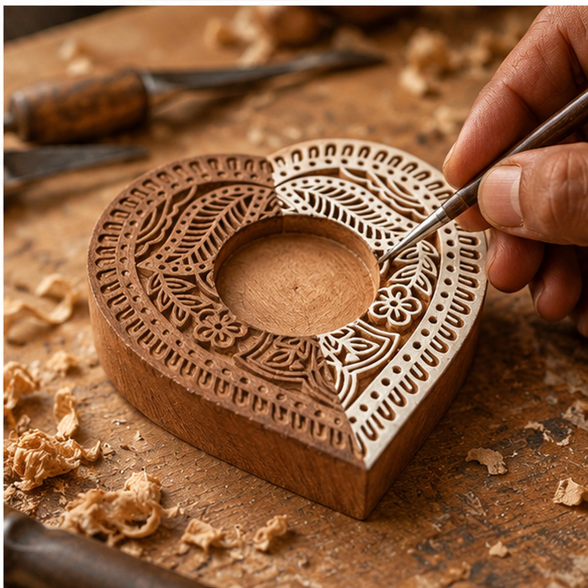 Heart Mandala Wooden Tealight Diya Holders – Set of 2