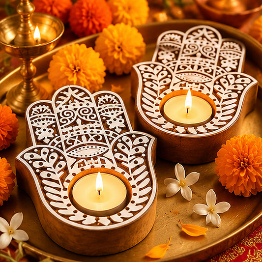 Royal Hamsa Hand Wooden Tealight Diya Holders – Set of 2