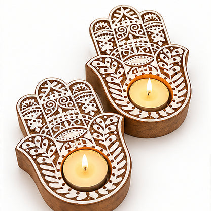 Royal Hamsa Hand Wooden Tealight Diya Holders – Set of 2