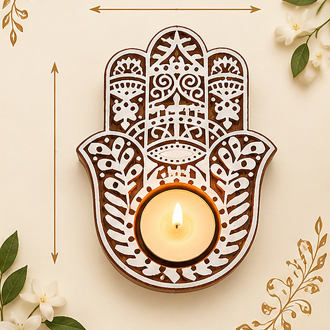 Royal Hamsa Hand Wooden Tealight Diya Holders – Set of 2