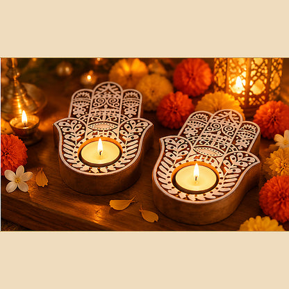 Royal Hamsa Hand Wooden Tealight Diya Holders – Set of 2