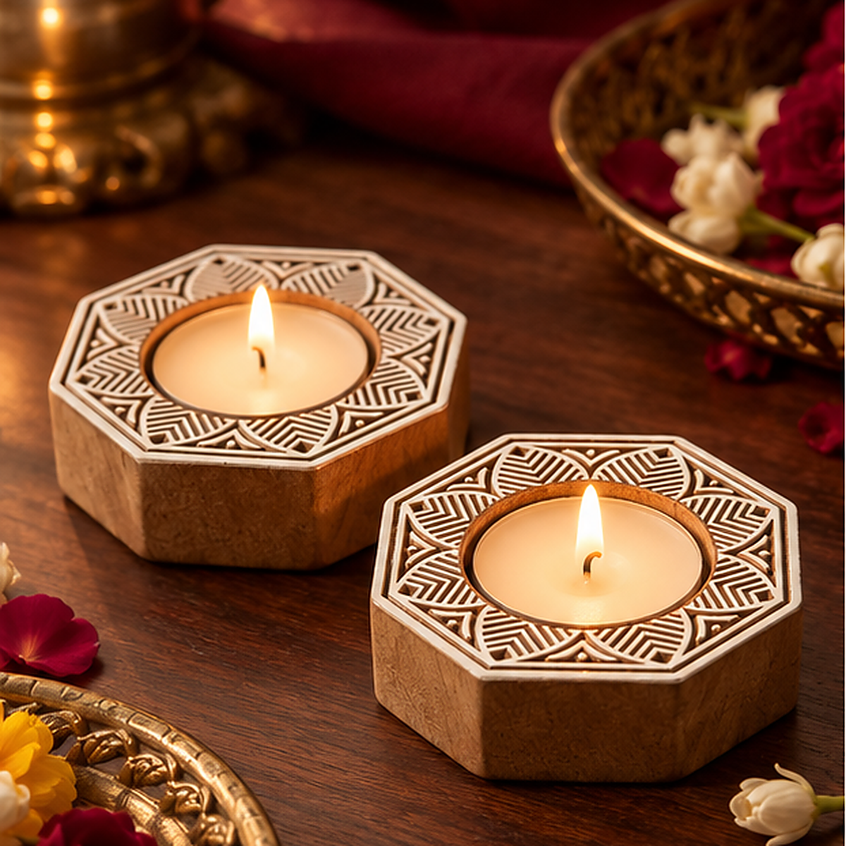 Geometric Mandala Wooden Tealight Diya Holders – Set of 2