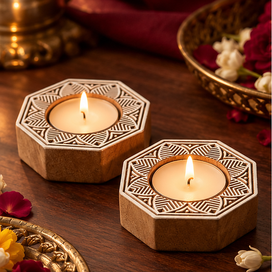 Geometric Mandala Wooden Tealight Diya Holders – Set of 2