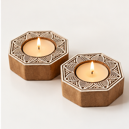 Geometric Mandala Wooden Tealight Diya Holders – Set of 2