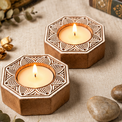 Geometric Mandala Wooden Tealight Diya Holders – Set of 2