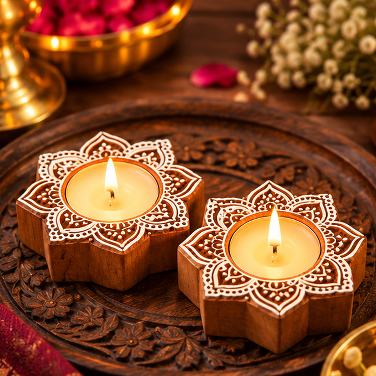 Handcrafted Floral Mandala Wooden Tealight Diya Holders – Set of 2