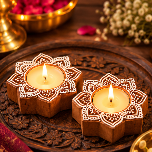 Handcrafted Floral Mandala Wooden Tealight Diya Holders – Set of 2