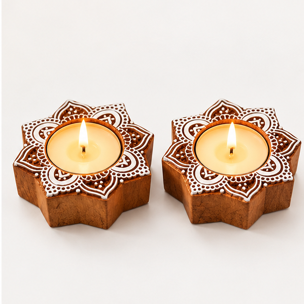 Handcrafted Floral Mandala Wooden Tealight Diya Holders – Set of 2