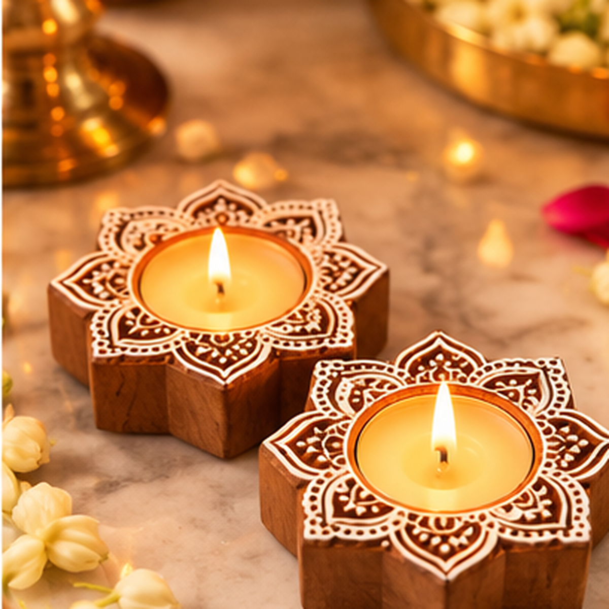 Handcrafted Floral Mandala Wooden Tealight Diya Holders – Set of 2