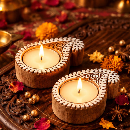 Paisley Mandala Wooden Tealight Diya Holders – Set of 2