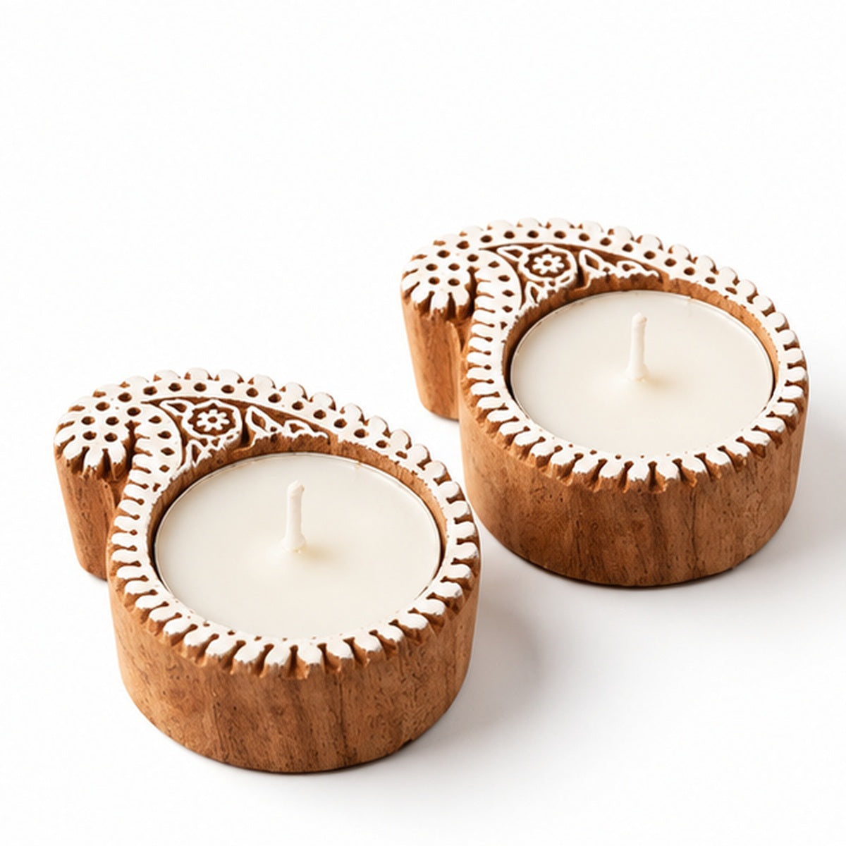 Paisley Mandala Wooden Tealight Diya Holders – Set of 2