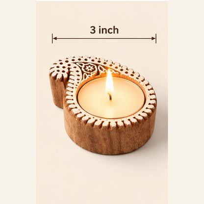 Paisley Mandala Wooden Tealight Diya Holders – Set of 2