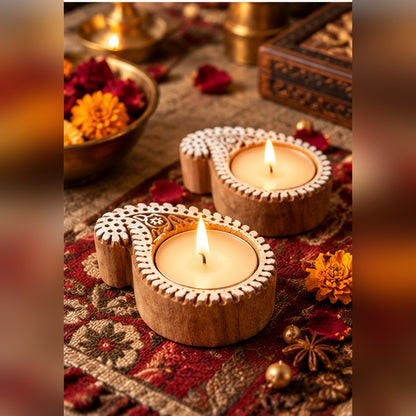 Paisley Mandala Wooden Tealight Diya Holders – Set of 2