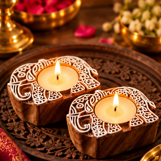 Handcrafted Paisley Wooden Tealight Diya Holders – Set of 2
