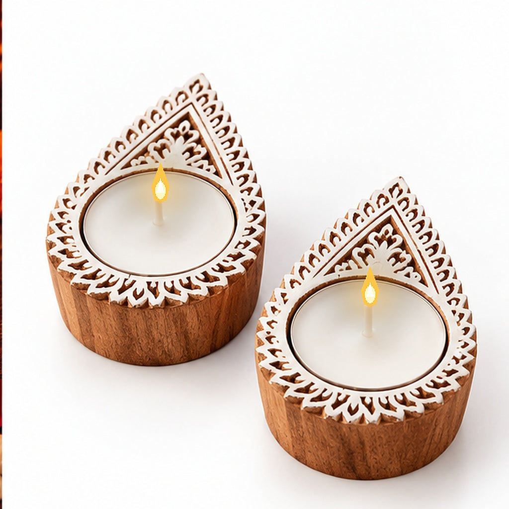 Handcrafted Paisley Wooden Tealight Diya Holders – Set of 2