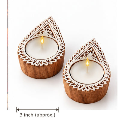 Handcrafted Paisley Wooden Tealight Diya Holders – Set of 2