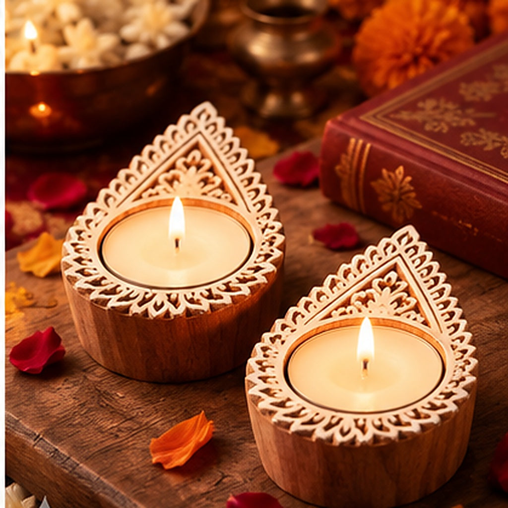 Handcrafted Paisley Wooden Tealight Diya Holders – Set of 2